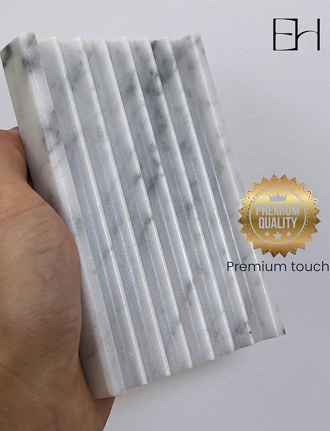 Marble Soap Dish - Soap Dish for Shower, Shower Bar Soap Holder, Real Marble Bathroom Tray, Decorative Stone Soap Dish with Drainage (Calacatta White, Wave Slot)