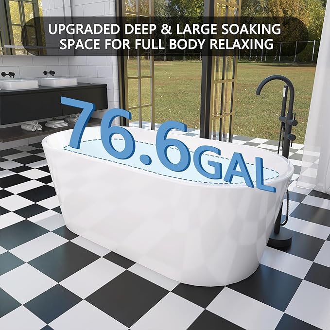 59" Free Standing Tub, Pure Acrylic Freestanding Bathtub, Stylish Stand Alone Contemporary Deep Soaking Bath Tub, cUPC Certified SY1550 (Glossy White)