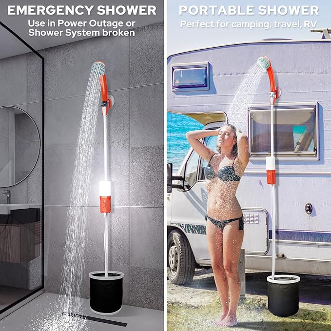 Portable Shower for Camping, 4400mAh Electric Portable Camping Shower with USB C Adapter, Outdoor Camp Pump with LED Camping Light, Multiple Power Supply Methods, for Hiking, Travel, Car