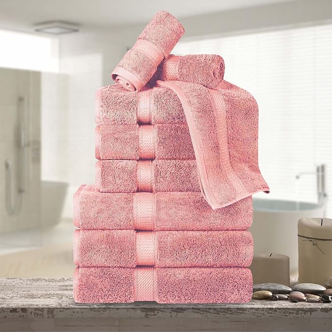 Superior Egyptian Cotton Pile 9 Piece Towel Set, Includes 3 Bath, 3 Hand, 3 Face Towels/Washcloths, Ultra Soft Luxury Towels, Thick Plush Essentials, Guest Bath, Spa, Hotel Bathroom, Tea Rose