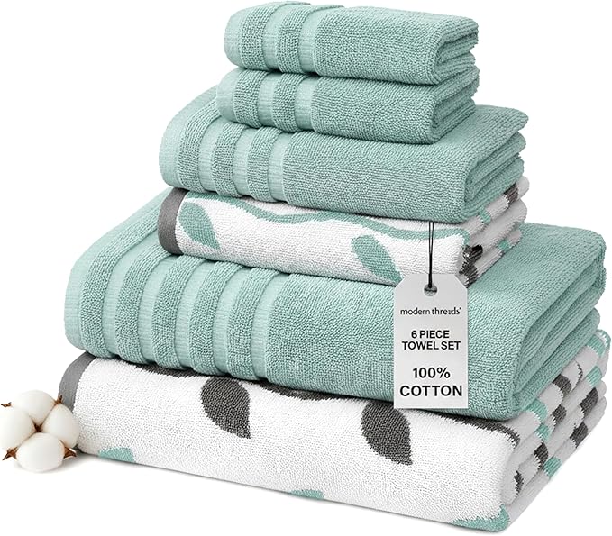 Modern Threads Organic Vines 6-Piece 100% Cotton Towel Set – Yarn Dyed Jacquard & Solid – Includes 2 Bath Towels, 2 Hand Towels, 2 Washcloths – Absorbent, Quick Dry, Soft & Durable – Aqua