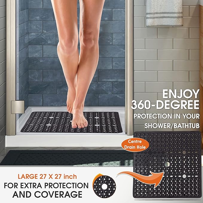 ENKOSI Square Shower Mat 27x27 inch - Large Anti Slip Shower Floor Mat - Non Slip Bathroom Shower Stall Mats with Strong Secure Suction Cups and Drain Holes in Middle (Navy Blue 27x27)
