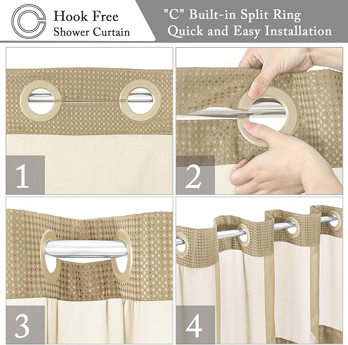 Gibelle Extra Long Shower Curtain 72x86, Waffle Weave Bathroom Shower Curtain with Snap-in Fabric Liner Set, No Hooks Needed, Hotel Style with Mesh Top Window, Beige