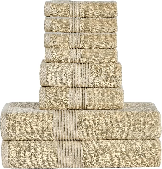 Bath Towels 8 Piece Towel Set – 100% Combed Cotton – Bath + Hand + Washcloths – Oeko-TEX Certified Soft & Absorbent Towels with Durable Double-Stitched Edges for Bathroom or Guest Spa, Beige