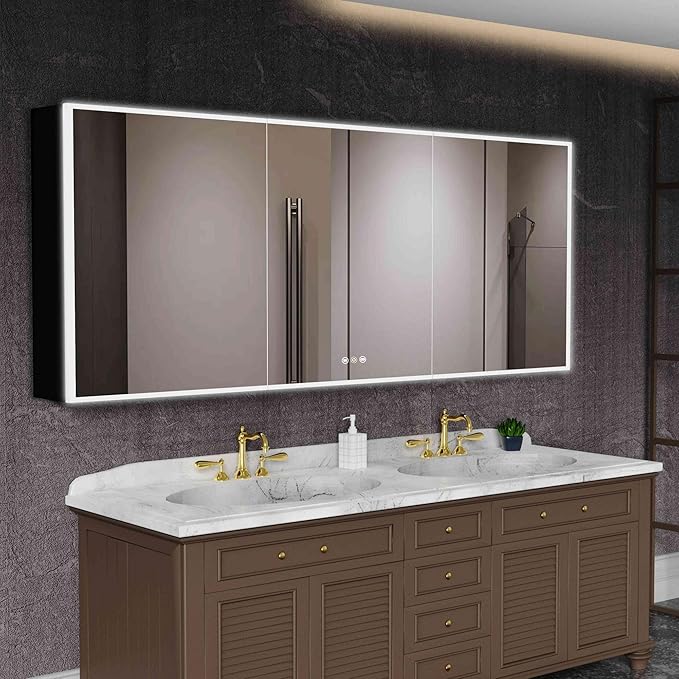 LED Medicine Cabinet Mirror, 60”W x 36”H Bathroom Medicine Cabinets with Defogger, Dimmer, Outlets & USB, Wall Mounted