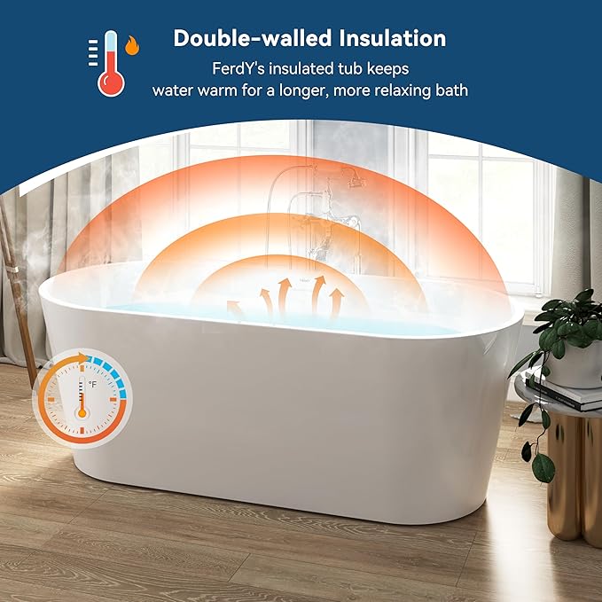 FerdY 67" Shangri-La Elite, Acrylic Freestanding Bathtub, Modern & Contemporary Design Soaking Tub with Polished White Drain Pop-Up Drain and Minimalist Design Overflow, cUPC Certified