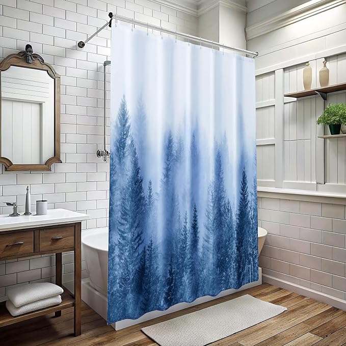 ORTIGIA 78 Inch Blue Misty Forest Shower Curtain for Bathroom, Nature Woodland Shower Curtain Set with Hooks, Decorative Pine Tree Fog Magic Bath Curtain, Waterproof Fabric, Weighted, 72x78