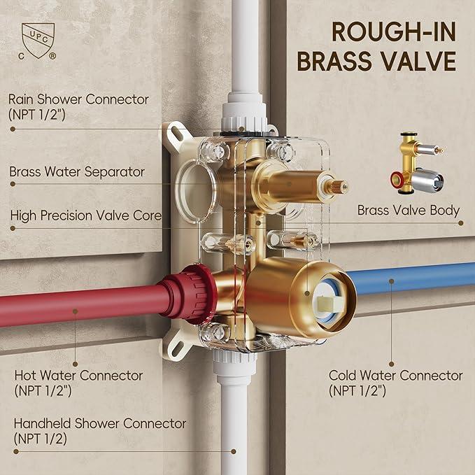 Gold Shower System, Shower Faucet Set with High Pressure 12 inch Shower Head and HandHeld, Wall Mounted Bathroom Shower Head Set,Shower Faucet Rough-in Valve and Trim Kit, Brushed,Gold