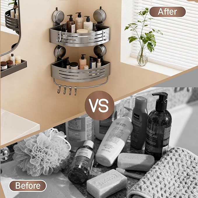 Corner Suction Cup Shower Caddy(2-Pack Gray),No-Drilling Aluminum Shower Shelf with Towel Bar & Hooks,Removable Bathroom and Kitchen Storage Organizer