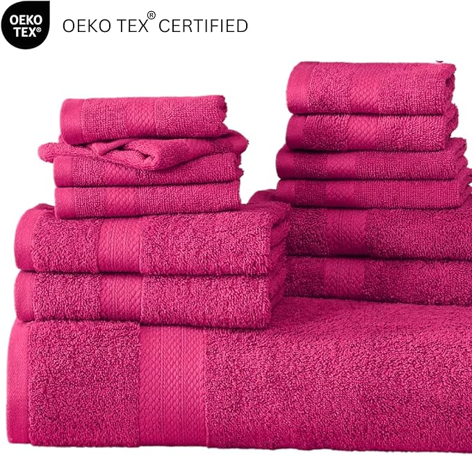 LANE LINEN 100% Cotton Bathroom Towels Set - 24 PCs - Quick Dry, Soft & Absorbent - Genlte On Skin - 4 Bath, 4 Fingertip, 6 Hand Towel, 8 Washcloths, 2 Bath Sheets for Her - Fuchsia