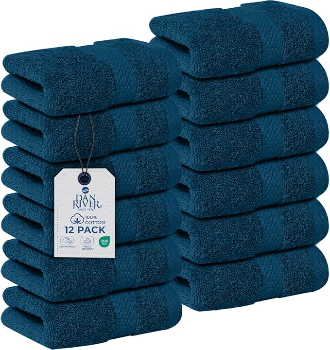 DAN RIVER 12-Pack Premium 100% Cotton Blue Opal Face Towels – Reusable Face Towel Set, Soft & Absorbent face Towel for Showering – Hand and Face Towels, 550 GSM (12x12 in)