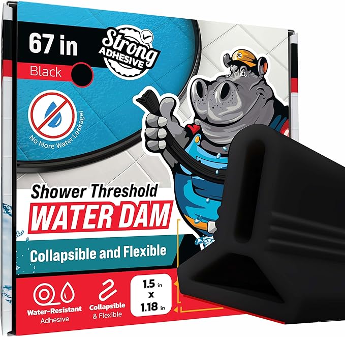 Shower Threshold Water Dam Barrier 67" - Black Collapsible Shower Water Blocker - Shower Guard for Walk in Shower - Water Guard Stopper for Floor - Shower Dam - 1.5" Tall - By Hippo Dam