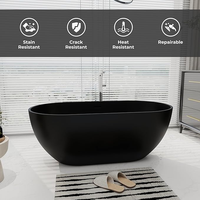 SJ STAR&JANE 59" Solid Surface Freestanding Bathtub Oval Stone Resin Soaking Tub Modern Stand Alone Tub with Overflow & Pop-up Drain, Matte Black for Bathrooms