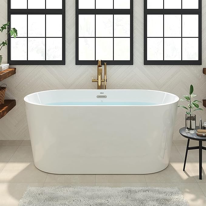 FerdY Shangri-La 55" Acrylic Freestanding Bathtub, Small Classic Oval Shape Acrylic Soaking Bathtub with Brushed Nickel Drain & Minimalist Linear Design Overflow, Modern White, cUPC Certified