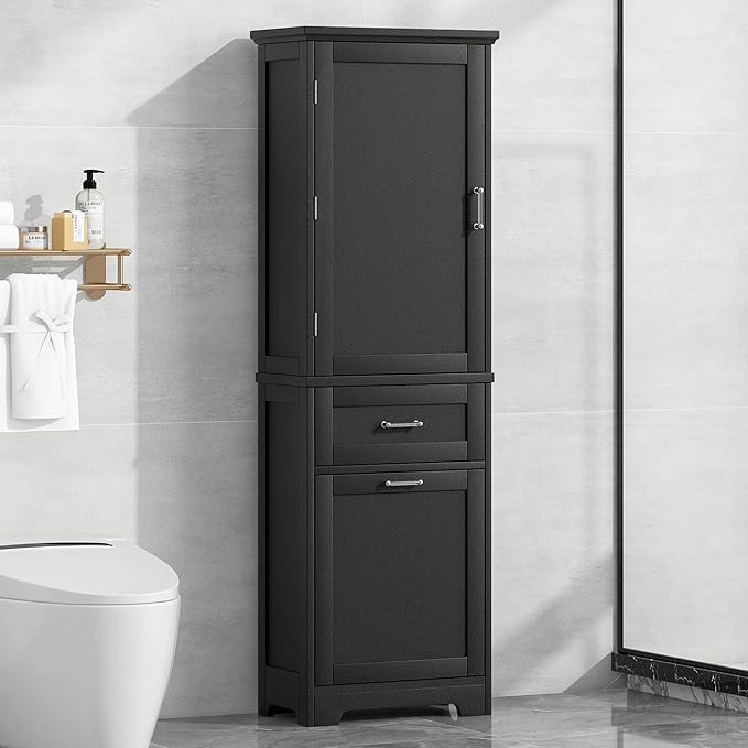 Favfurish 68" Tall Bathroom Storage Cabinet with Door and 2 Drawer,Modern Linen Cabinets w/Adjustable Shelf & Magnetic Door Stopper,Freestanding Organizer for Bath Room,Study,Office,Kitchen Black