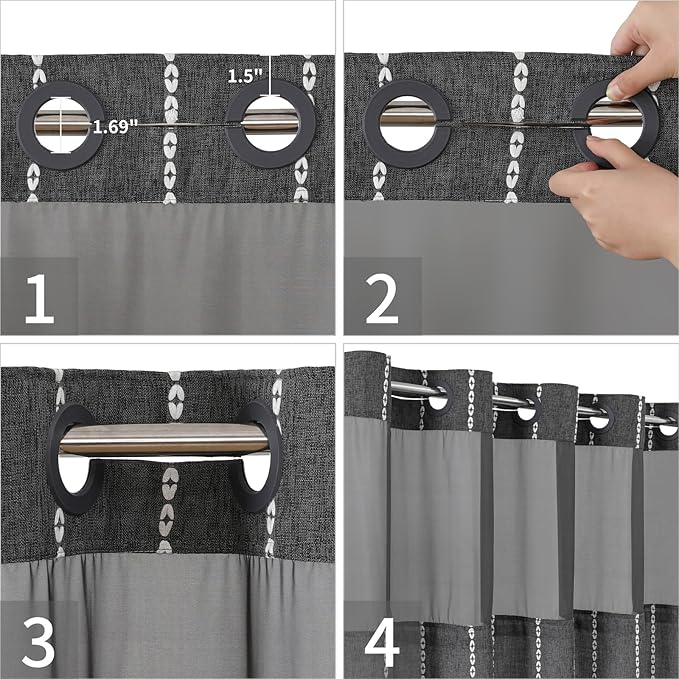 No Hook Long Shower Curtain Set with Snap-in Fabric Liner,Linen Textured Thick Striped Fabric with Tassels,Boho Farmhouse Rustic Luxury Bathroom Curtain,Water-Repellent,Charcoal Grey,71x80