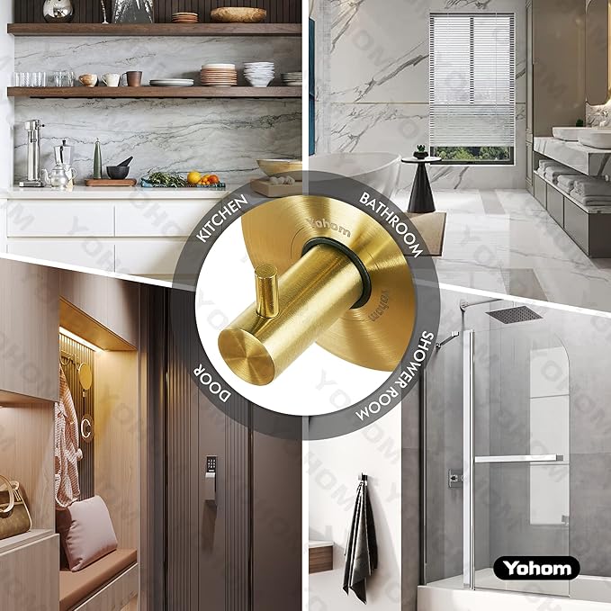 YOHOM Suction Cup Hooks for Shower Towel Holder Stainless Steel Vacuum Bathroom Shower Hook Suction Washcloth Hanger Kitchen Towel Rack for Robe Loofah Wreath Glass Door Window Wall Brushed Gold 2Pcs