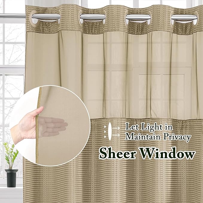 Gibelle Extra Long Shower Curtain 72x86, Waffle Weave Bathroom Shower Curtain with Snap-in Fabric Liner Set, No Hooks Needed, Hotel Style with Mesh Top Window, Beige