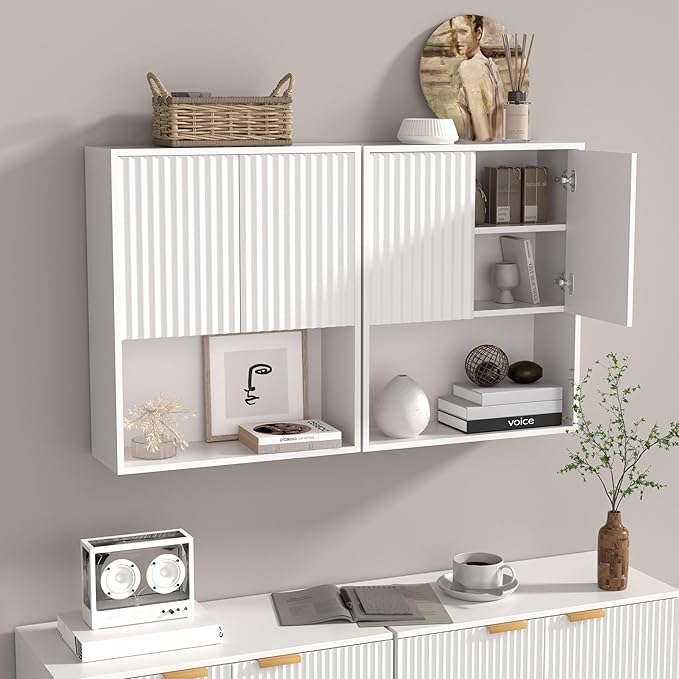 Fluted Bathroom Wall Cabinet Over The Toilet Storage,Wall Mounted Cabinet with Adjustable Shelf,Floating and Hanging Organizer,Kitchen and Laundry Room Storage (White-2 Pcs)