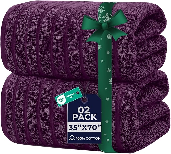 DAN RIVER Pack of 2 Bath Sheet 35x70 Inches, Oversized Ribbed Quick Dry Towel, Soft Luxury Towels for Bathroom - Purple Passion
