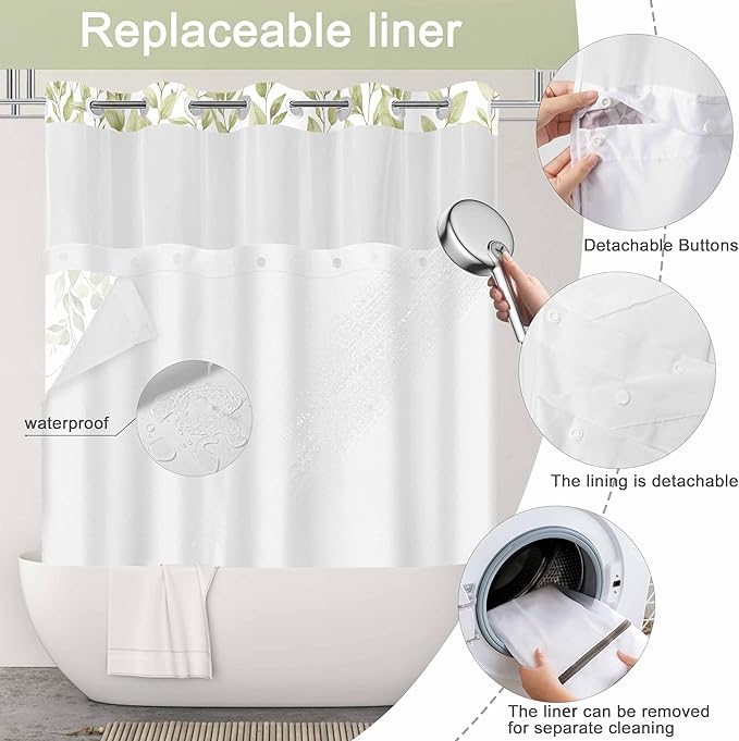 No Hook Shower Curtain and Liner Set, Beige Eucalyptus Floral Shower Curtains for Bathroom, Bath Curtain Sets with Snap in Liner, Waterproof with See Through Top Window, 71x84 Inches