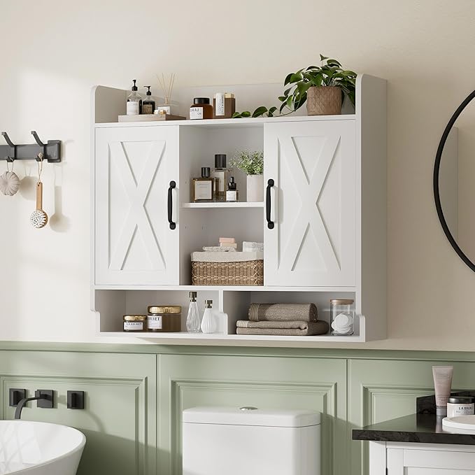 White Bathroom Wall Cabinet, Wall Mount Storage Cabinet, Floating Medicine Cabinet with 4 Open Shelves and 6 Deep Cabinets Over The Toilet for Laundry Room, Kitchen