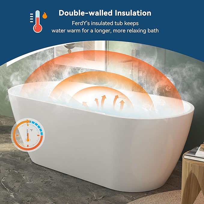 FerdY 67" Bali Elite Acrylic Freestanding Bathtub, Gracefully Shaped Freestanding Soaking Bathtub, cUPC Certified, Toe-Tap Brushed Nickel Drain and Minimalist Linear Design Overflow Included