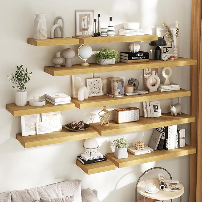 48 Inch Long Floating Shelves for Wall Set of 2, 12"D Wood Grain Bathroom Shelves with Invisible Brackets, Easy Install Engineered Wood Storage Shelves for Kitchen, Living Room, Bedroom, Oak Finish