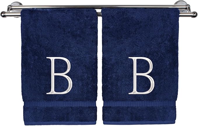 Monogrammed Hand Towel, Personalized Initial Gift, Extra Absorbent 100% Turkish Cotton - Soft Terry Finish - Set of 2 - White Block Initial B - Embroidered on Navy Blue Towels