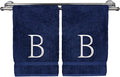 Monogrammed Hand Towel, Personalized Initial Gift, Extra Absorbent 100% Turkish Cotton - Soft Terry Finish - Set of 2 - White Block Initial B - Embroidered on Navy Blue Towels