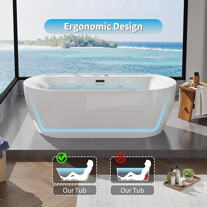 Acrylic Freestanding Bathtubs 71 inch Massage and Air Bubble Jets – Glossy White Soaking Bathtub, Free Standing Bathtub with Heater and Digital Panel, Stand Alone Tub Bathtubs for Bathroom