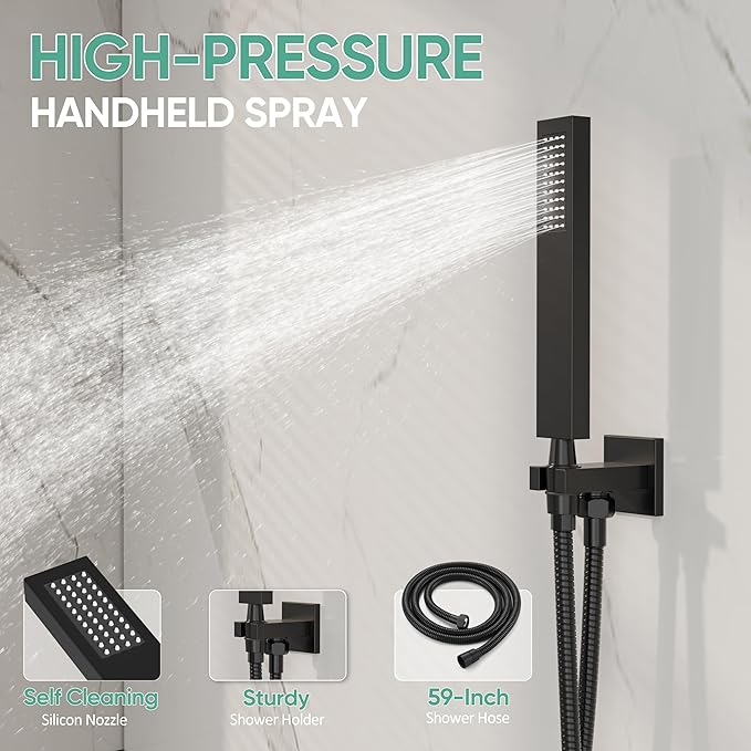 Black Shower System with Tub Spout, All Metal Tub Shower Faucet Set with 10" Rain Shower Head and Handheld Spray combo, Wall Mounted Tub Shower Systems with Valve and Trim Kit, Matte Black