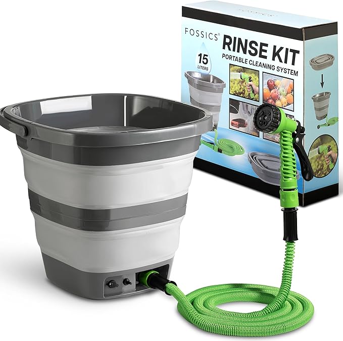 Rinse Kit & Portable Shower | Battery Powered with 60 Min Runtime | 4 Gal Collapsible Water Bucket | Perfect for Outdoor, Camping, Hiking, RV, & Beach Use | Car, Dog & Bike Wash