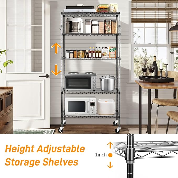 5 Tier Storage Shelves with Wheels, 1750lbs Capacity Heavy Duty Shelving Units, 14x36x75inch Adjustable Metal Shelf Wire Shelving Rack for Garage, Kitchen, Office, Black
