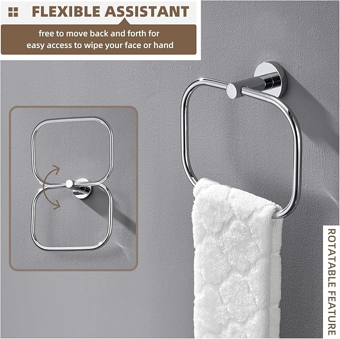 Angle Simple Swivel Towel Ring Chrome, Stainless Steel Hand Towel Rack for Bathroom Wall, Square Holder for Washcloth