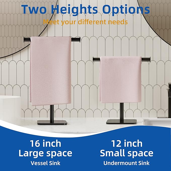 RUACQ Hand Towel Stand, 16" T-Shape Hand Towel Holder Stand for Bathroom, Kitchen and Countertop Towel Holder 304 Stainless Steel Hand Towel Rack with Weighted Base (Matte Black)