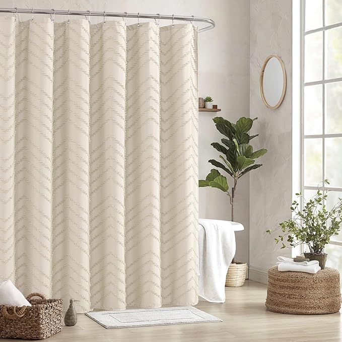 Beige Boho Fabric Shower Curtain 60 x 72 Modern Shabby Chic Textured Tufted Chevron Striped Minimalist Cloth Bathroom Shower Curtain