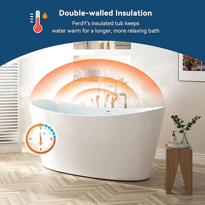 FerdY Naha Elite 59" Acrylic Freestanding Bathtub, Curve Edge Freestanding Soaking Bathtub, Glossy White, cUPC Certified, Polished Gold Drain & Minimalist Linear Design Overflow Included