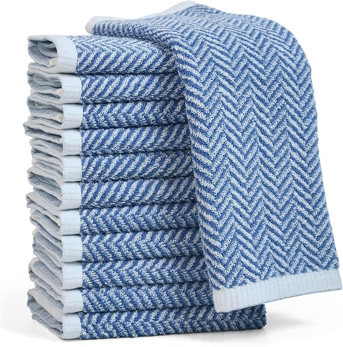 Cleanbear Wash Cloths for Your Face and Body, 12 Washcloths for Showering with Decorative Herringbone Stripes, 100% Cotton, Light Blue, 13 x 13 Inches