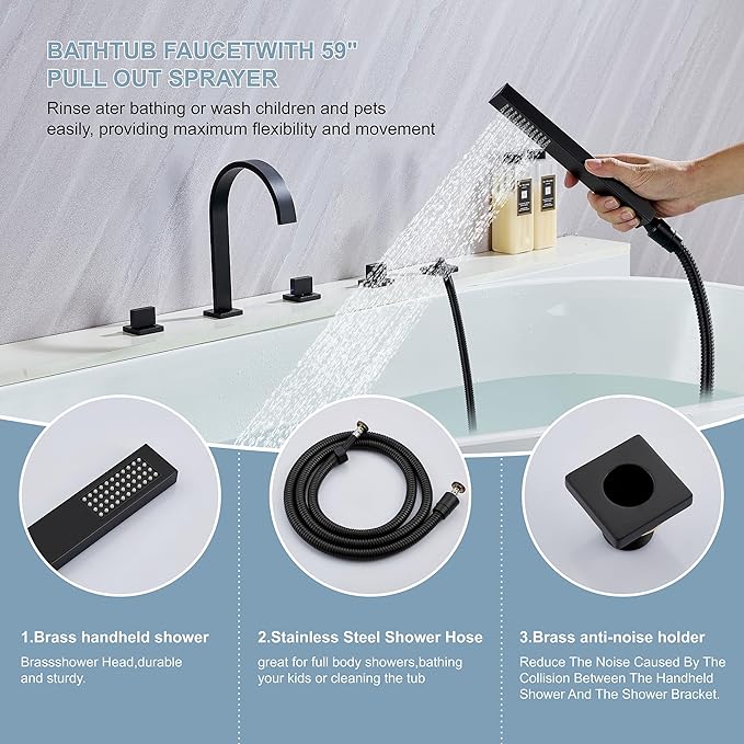 High Arc 5 Hole Roman Tub Filler with Handheld Showerhead Bathroom Widespread Waterfall Bathtub Faucet Set Deck Mounted, Matte Black