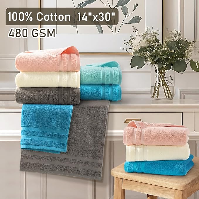 VOOVA & MOVAS Teal Hand Towels for Bathroom, Bath Hand Towels Set of 4, 14"x30" - 100% Cotton | Light Weight | Soft | Absorbent | 480GSM, Thick Fluffy Hand Towel Set, Bathroom Essentials, Aqua Teal