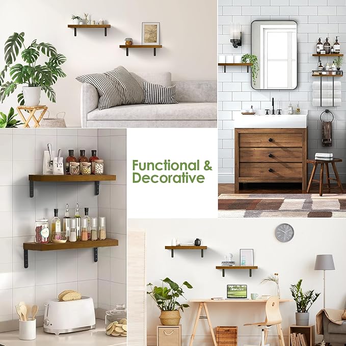 Towel Racks for Bathroom-Wall Mounted Floating Shelves for Wall Bathroom Bedroom Kitchen Living Room, Hanging Book Shelves Decor Bathroom Organizer, 16 inch Solid Wood, (Walnut-Like, Set of 3, 16in)