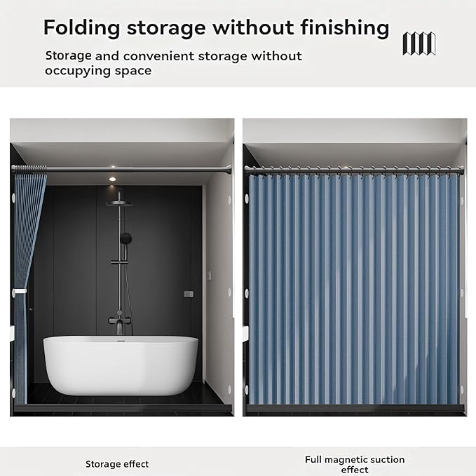 Bathroom Magnetic Folding Shower Curtain, Accordion-Style Shower Curtain, Suitable for Shower Rooms, bathtubs, Hotels or Apartments (Blue, W:70*H79.5Inch)