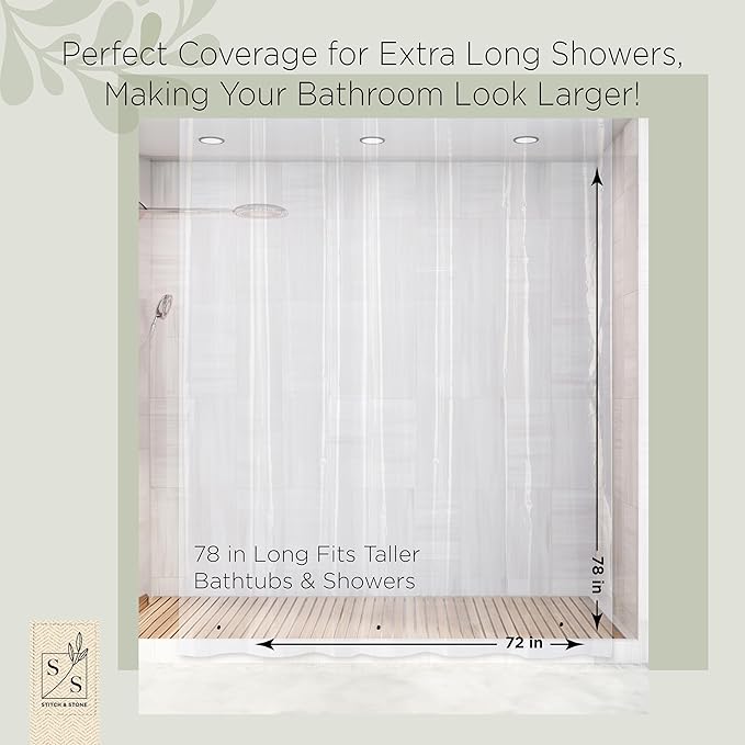 Stitch & Stone Shower Curtain Liner, Premium Medium Weight Durable Waterproof 6g PEVA for Bathroom with Weighted Magnets, Extra Long 72" x 78", Clear 1 Pack