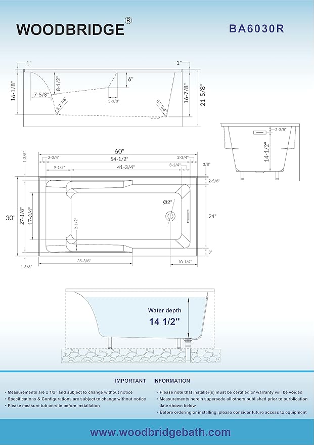 WOODBRIDGE 60" Acrylic Rectangular Alcove Soaking Bathtub in White with Right Drain, Matte Black Pop-Up Drain Included BA6030R