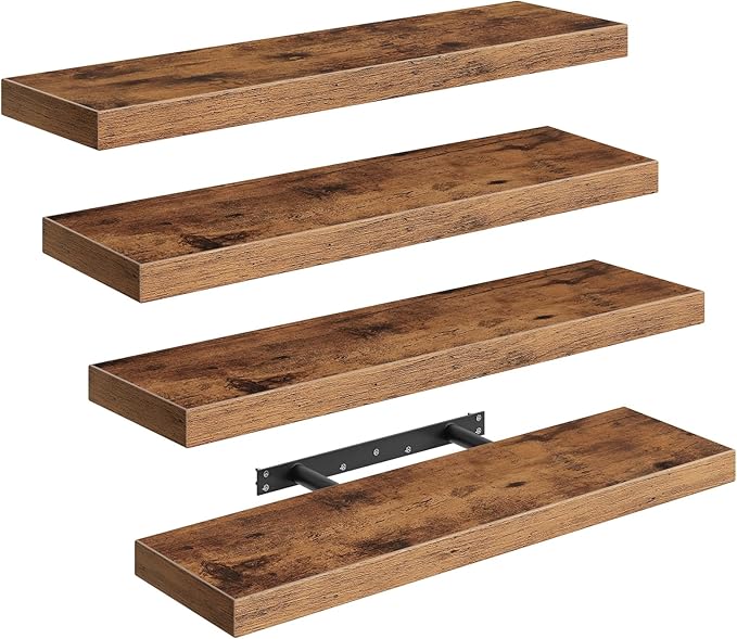 Floating Shelves for Wall, 1.5" Thick Wall Shelf Set of 4 with Invisible Brackets, 23.6L x 7.9W Hanging Shelves Farmhouse Home Decor for Bathroom, Living Room, Bedroom, Rustic Brown 6301BJP4BF
