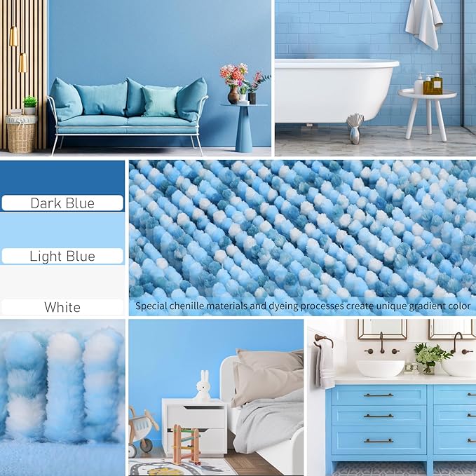 Yimobra Luxury Bathroom Rugs, 47x24, Extra Soft Chenille Mats for Bathroom Non Slip, Fluffy Long Matts for Tub, Plush Shaggy Carpet Runner, Water Absorbent, Machine Washable, Blue & Light Blue