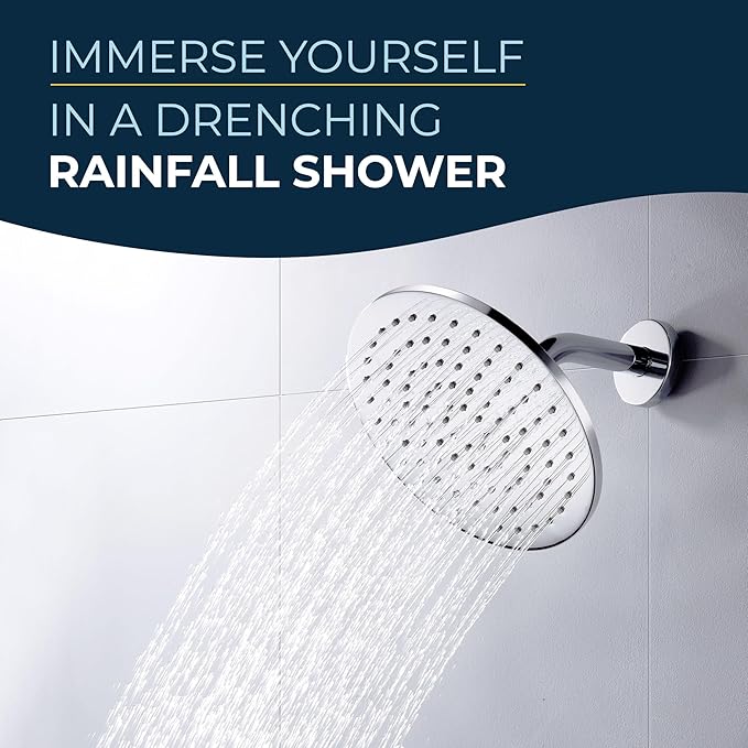 HammerHead Showers® Solid Metal 8 Inch Rainfall Shower Head – BRUSHED NICKEL - Shower Head Rainfall - 2.5 GPM High Flow Shower Head Optimized for Pressure – Large Round Rain Shower Heads