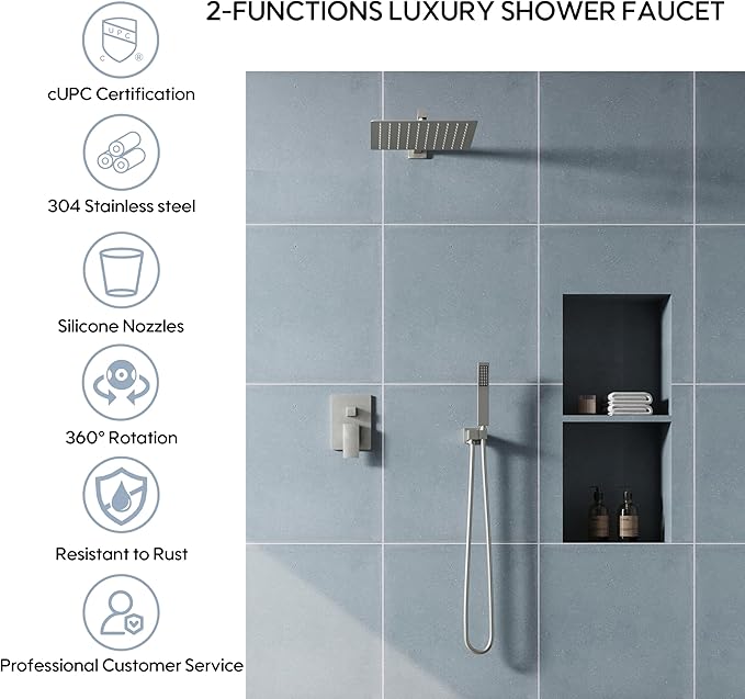 WELLFOR 12-In Wall Mounted Rain Shower Faucet with Single Handle and Handheld Spray, Waterfall Dual Head Shower Head System with 2-way Diverter, Pressure-balanced Valve Included, Brushed Nickel