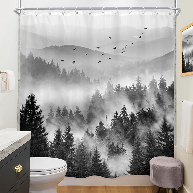 Riyidecor Black and White Shower Curtain 72Wx72H Inch Mountain Scenery Nature Pine Tree Cool for Mens Scene View Landscape Bathroom Decor Fabric Polyester Waterproof 12 Pack Hooks